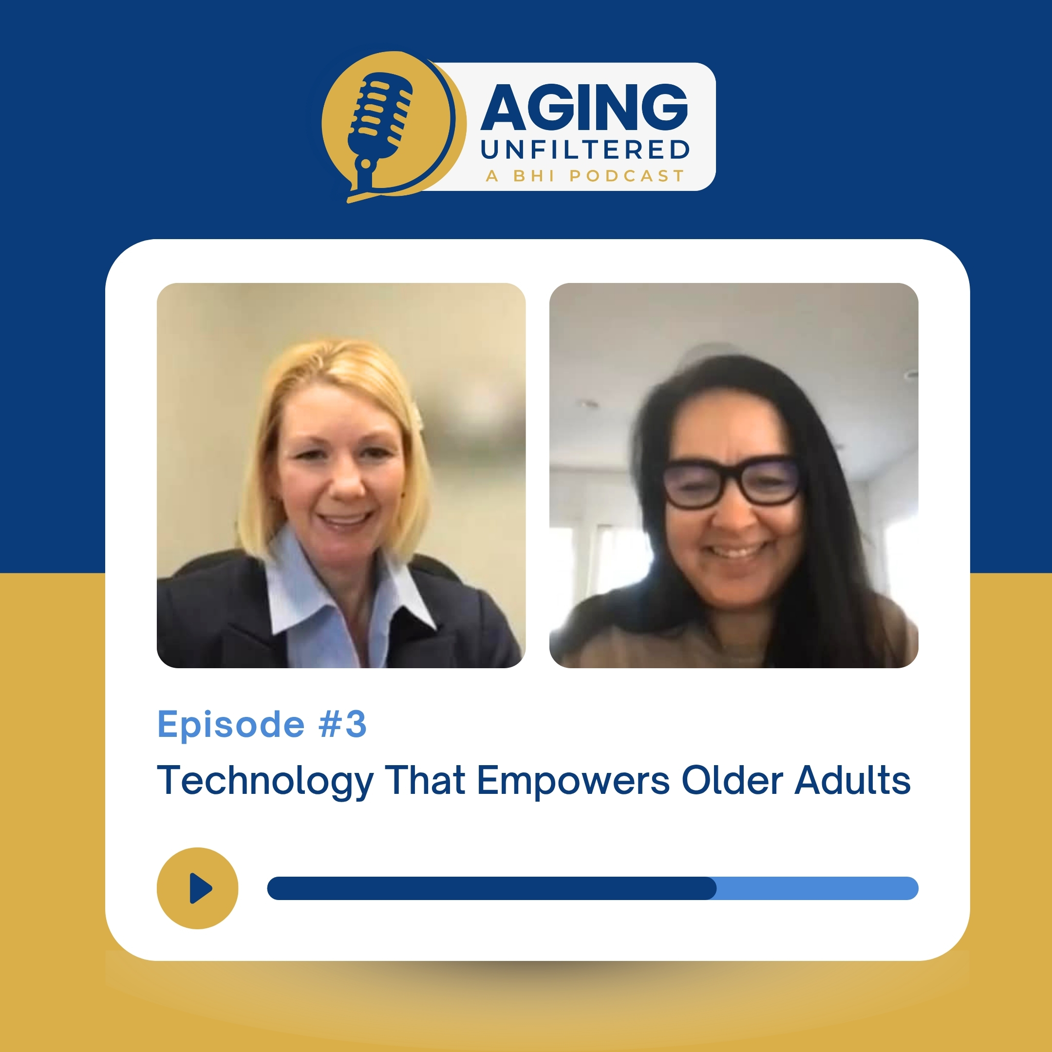Podcast cover showing two smiling women on video call with the title 'Aging Unfiltered' and 'Episode #3' below.