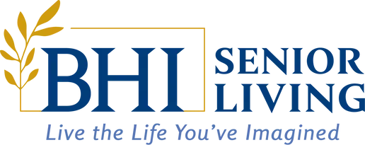 Logo for BHI Senior Living: blue 'BHI' with a yellow square frame and a yellow leaf motif, plus 'Senior Living' text and the tagline 'Live with Purpose' below.